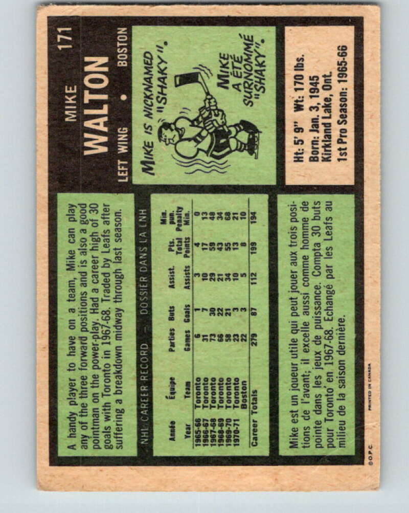 1971-72 O-Pee-Chee #171 Mike Walton Boston Bruins V9476