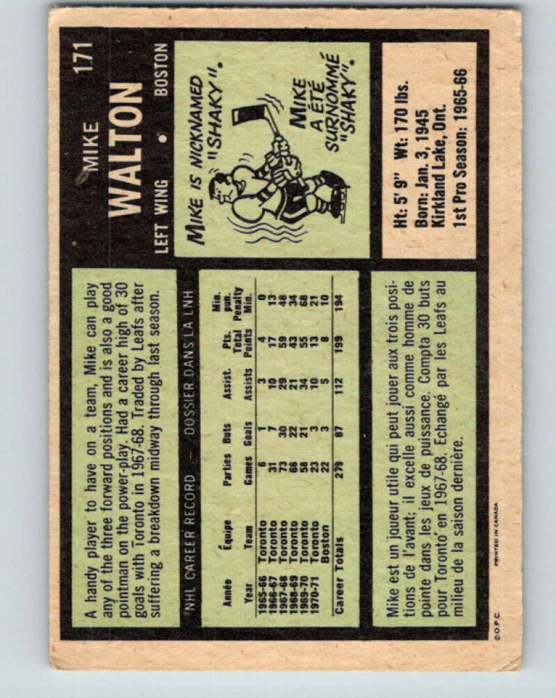 1971-72 O-Pee-Chee #171 Mike Walton Boston Bruins V9477
