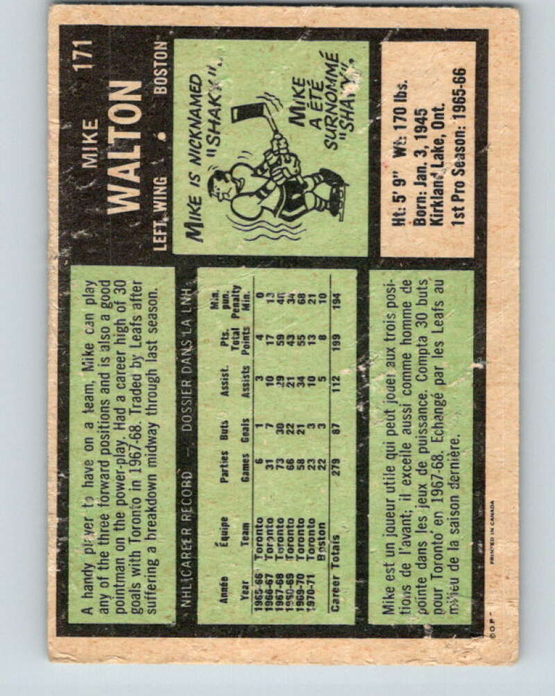 1971-72 O-Pee-Chee #171 Mike Walton Boston Bruins V9479