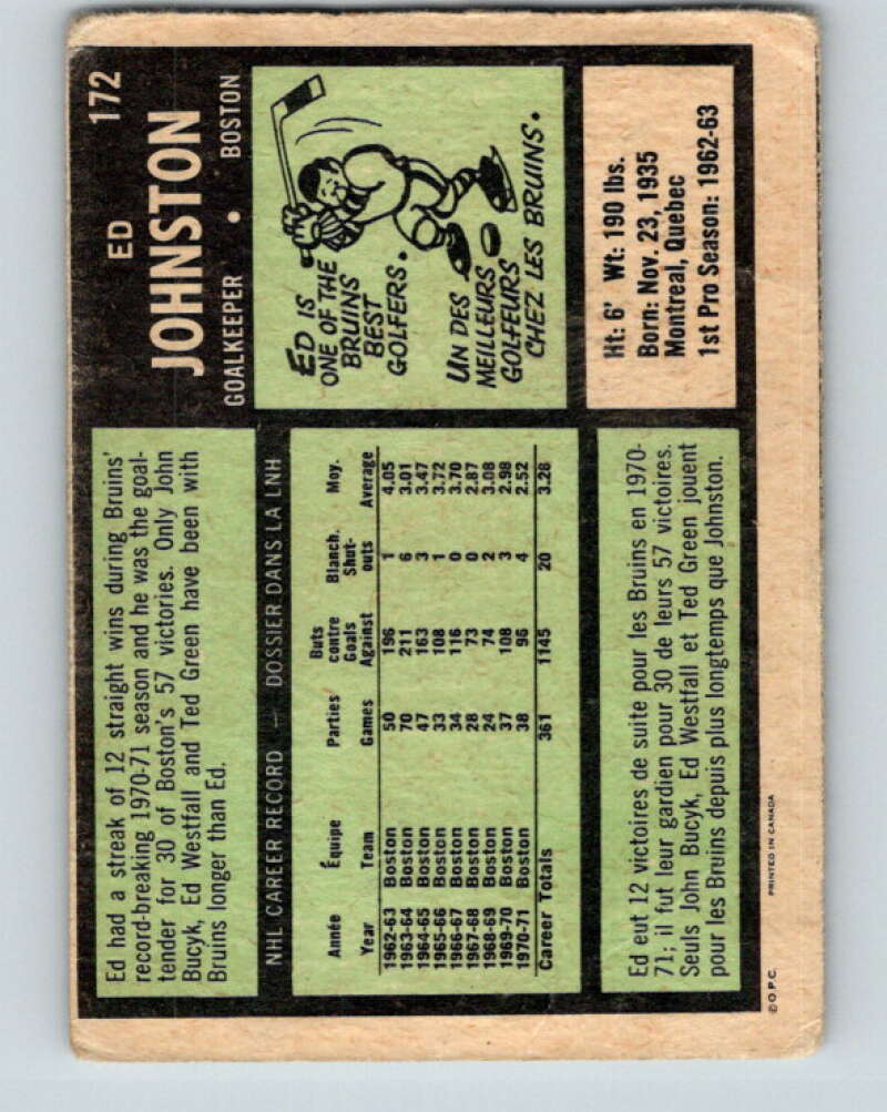 1971-72 O-Pee-Chee #172 Ed Johnston Boston Bruins V9480