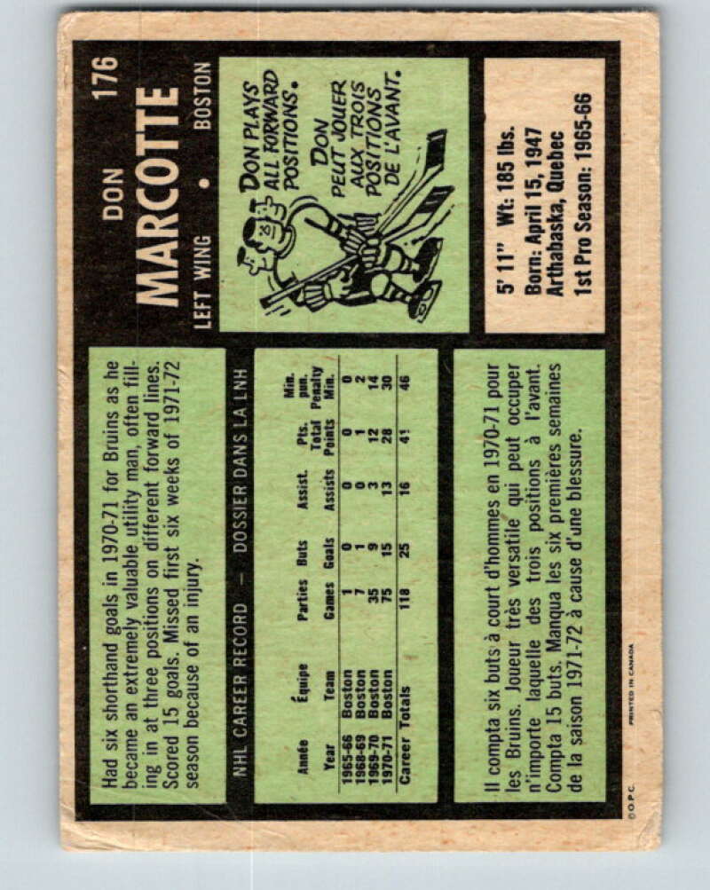 1971-72 O-Pee-Chee #176 Don Marcotte Boston Bruins V9496