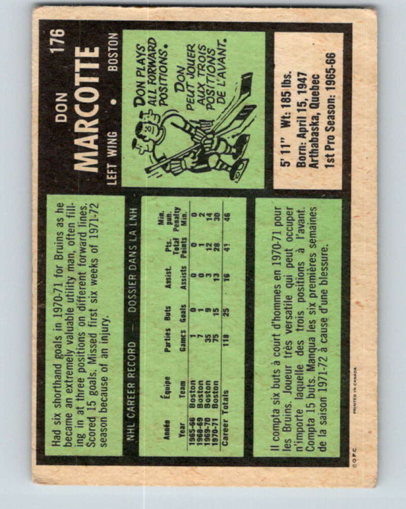 1971-72 O-Pee-Chee #176 Don Marcotte Boston Bruins V9498