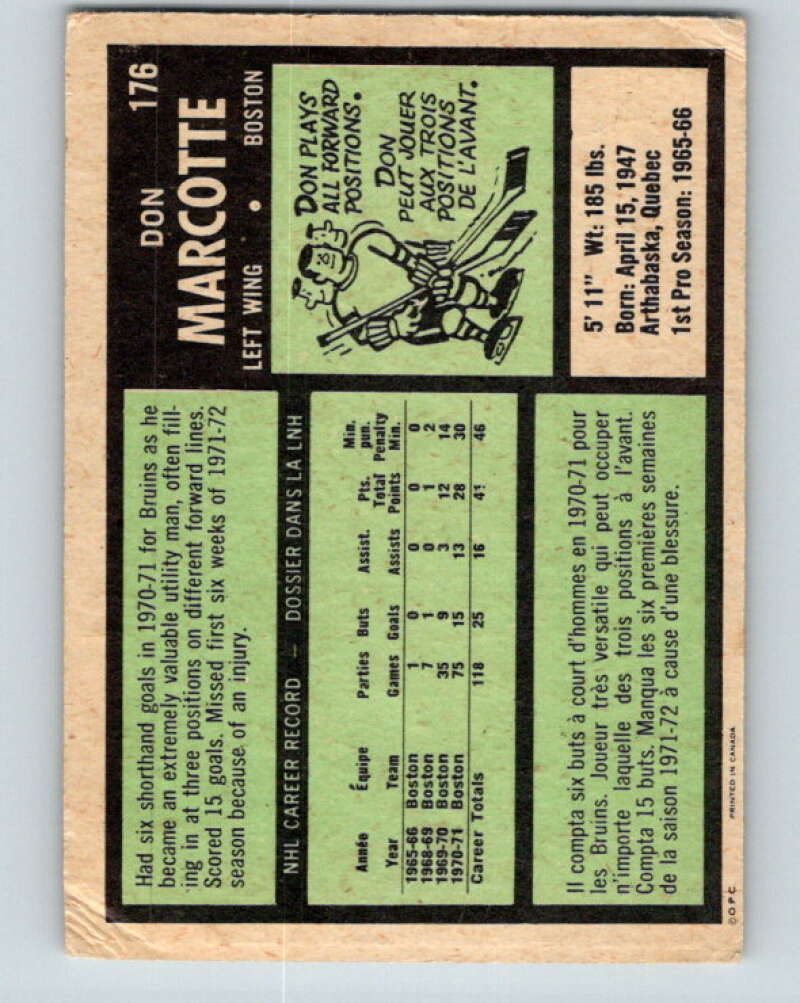 1971-72 O-Pee-Chee #176 Don Marcotte Boston Bruins V9499