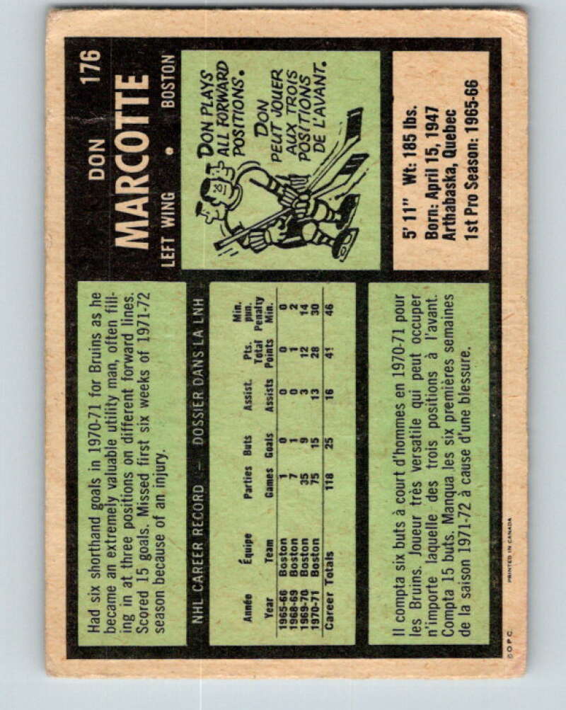 1971-72 O-Pee-Chee #176 Don Marcotte Boston Bruins V9500
