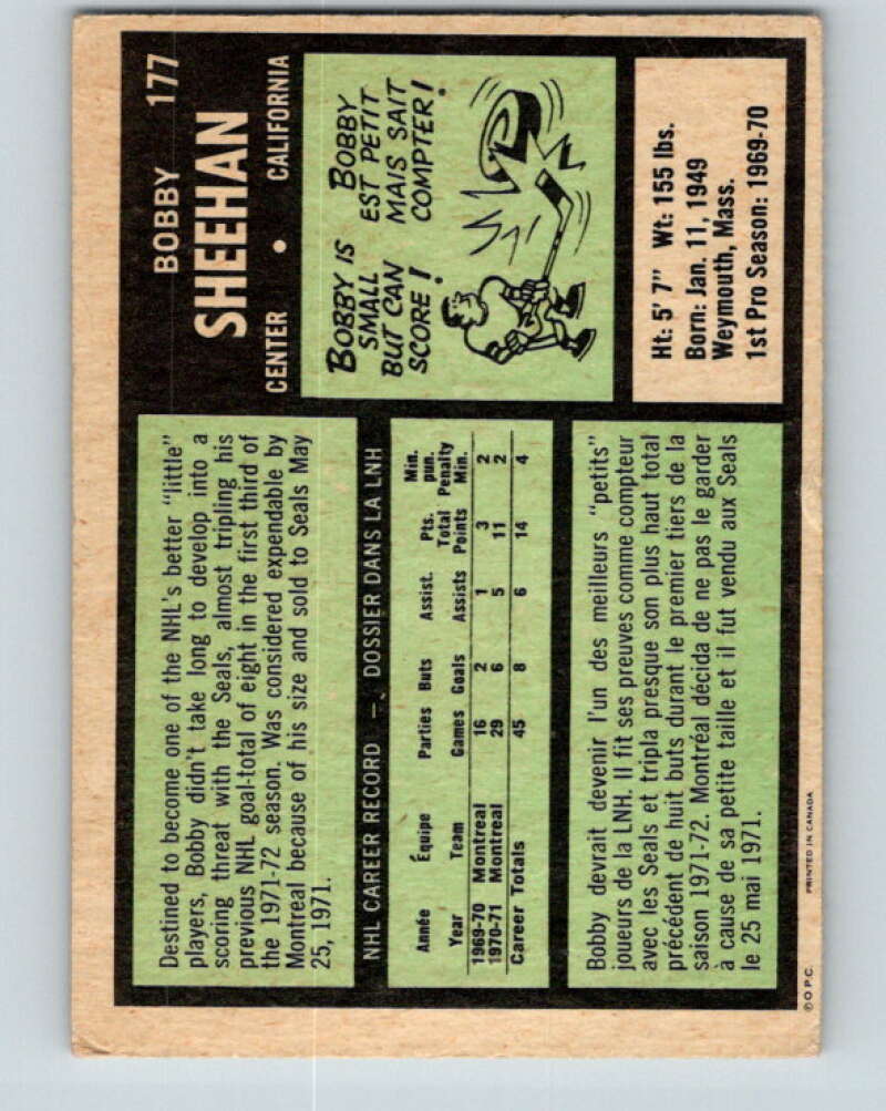 1971-72 O-Pee-Chee #177 Bobby Sheehan RC Rookie California Golden Seals V9502