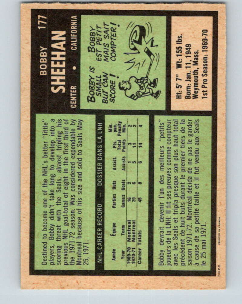 1971-72 O-Pee-Chee #177 Bobby Sheehan RC Rookie California Golden Seals V9503