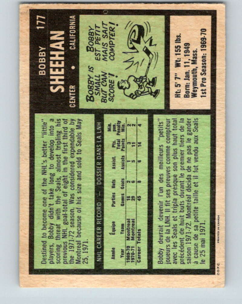 1971-72 O-Pee-Chee #177 Bobby Sheehan RC Rookie California Golden Seals V9504