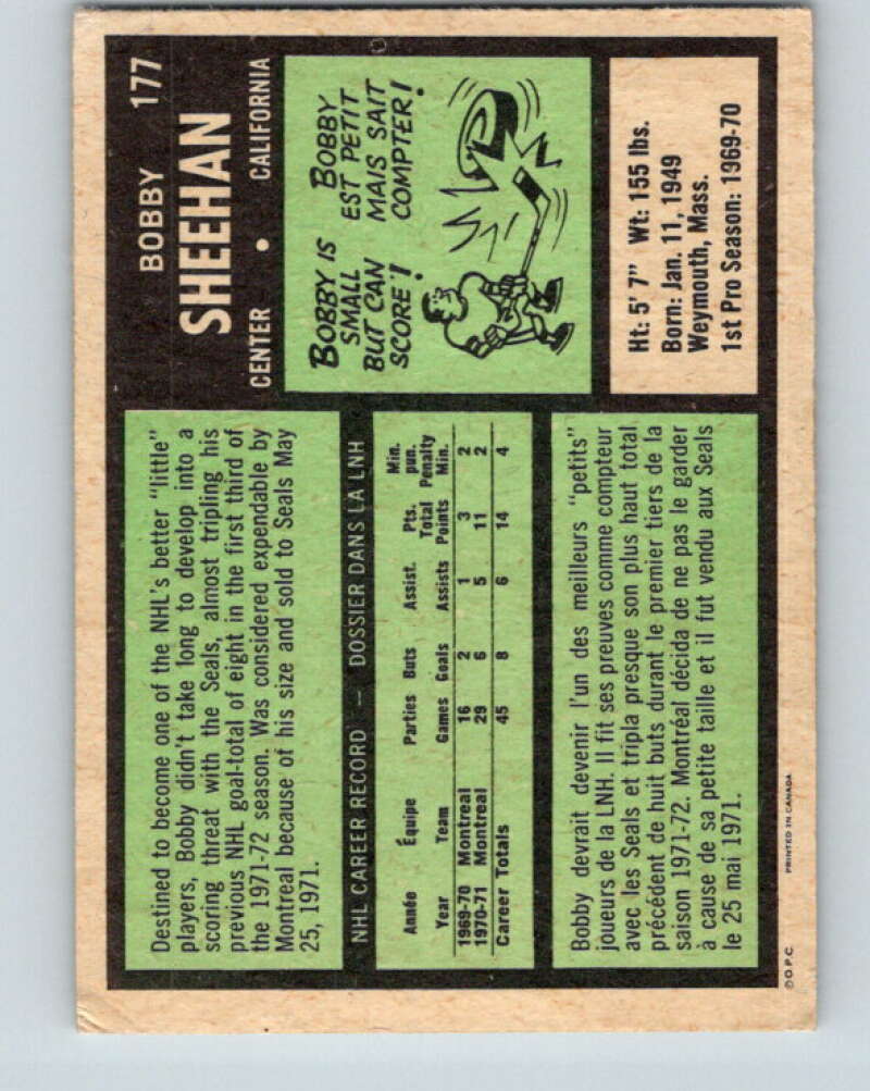 1971-72 O-Pee-Chee #177 Bobby Sheehan RC Rookie California Golden Seals V9505