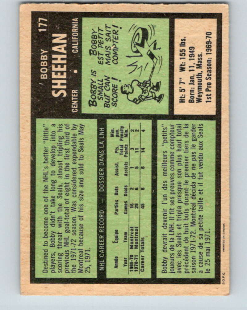 1971-72 O-Pee-Chee #177 Bobby Sheehan RC Rookie California Golden Seals V9506
