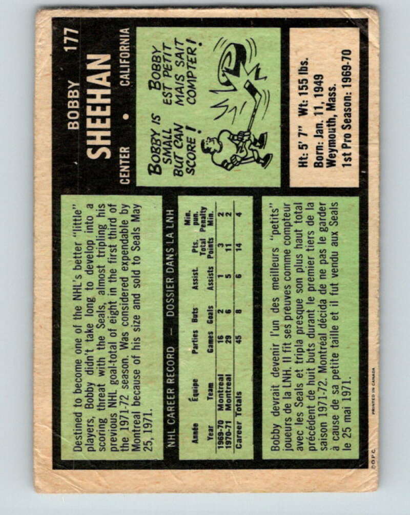 1971-72 O-Pee-Chee #177 Bobby Sheehan RC Rookie California Golden Seals V9507