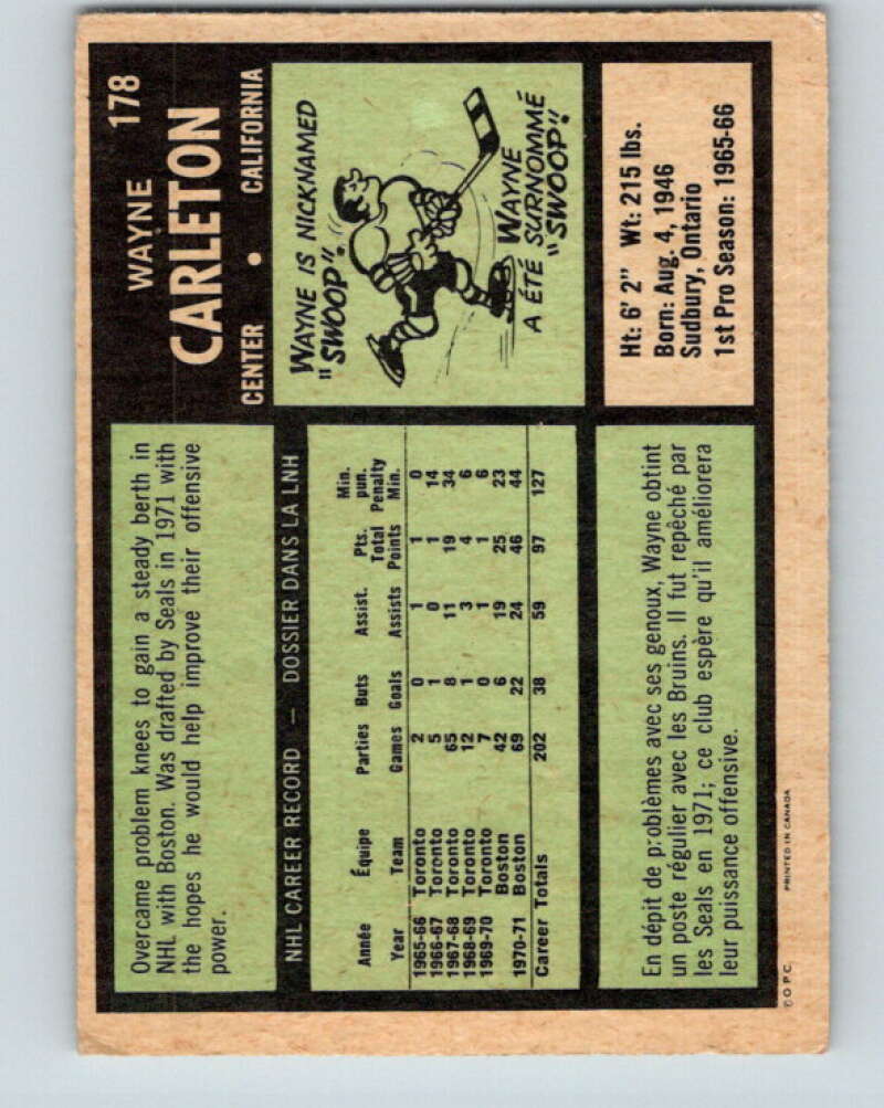 1971-72 O-Pee-Chee #178 Wayne Carleton California Golden Seals V9508