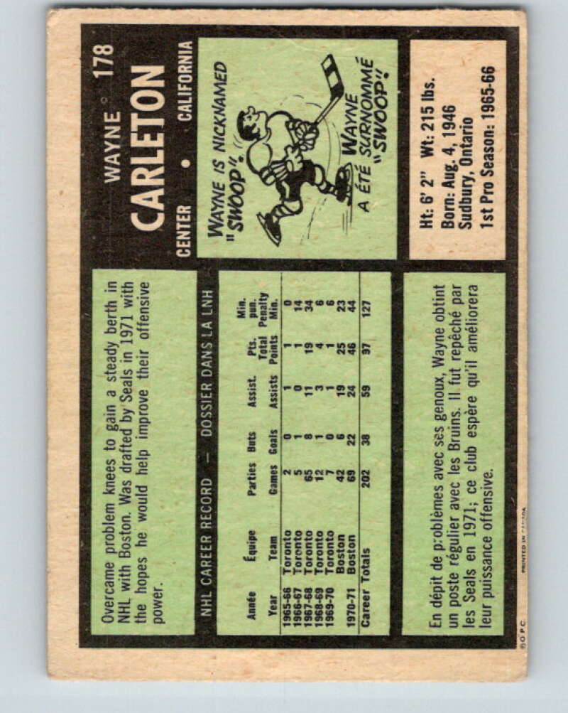 1971-72 O-Pee-Chee #178 Wayne Carleton California Golden Seals V9509