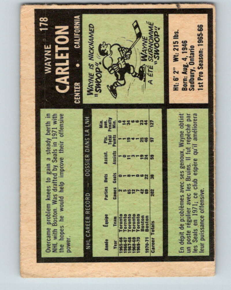 1971-72 O-Pee-Chee #178 Wayne Carleton California Golden Seals V9510