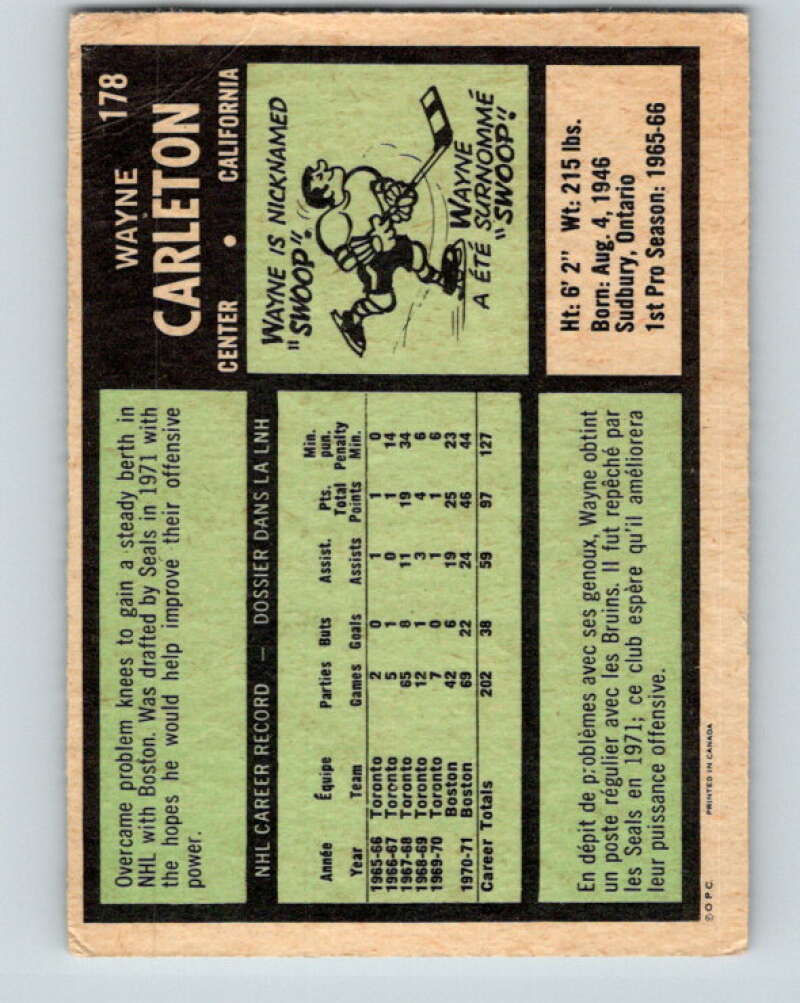1971-72 O-Pee-Chee #178 Wayne Carleton California Golden Seals V9511