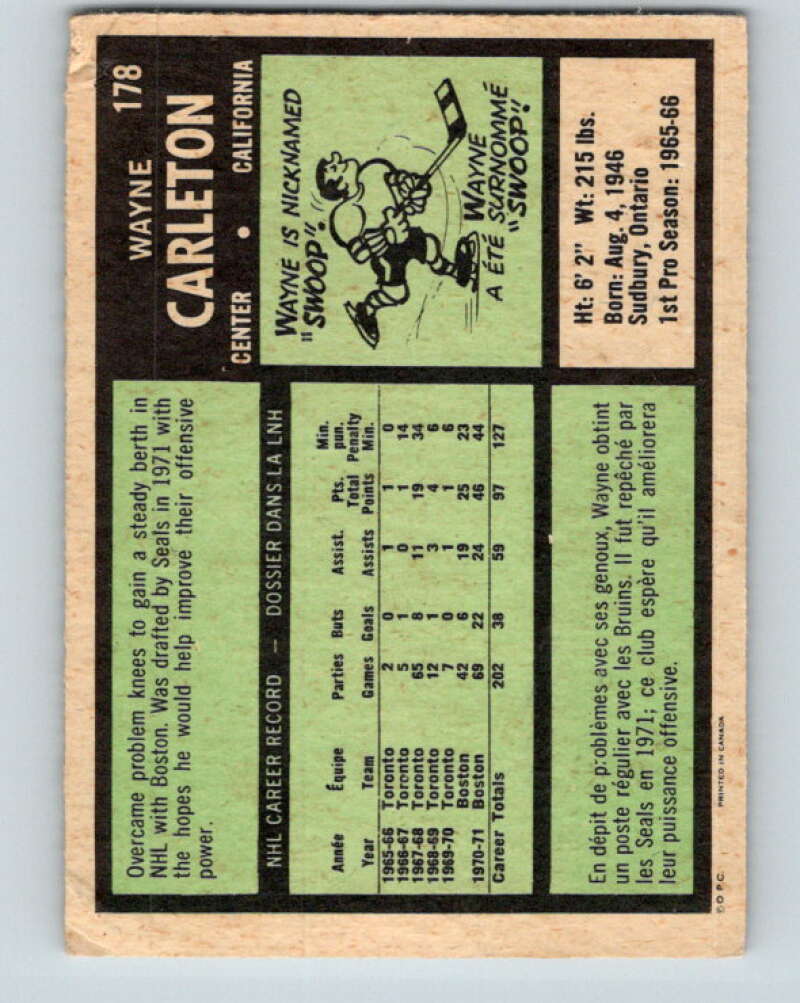 1971-72 O-Pee-Chee #178 Wayne Carleton California Golden Seals V9512