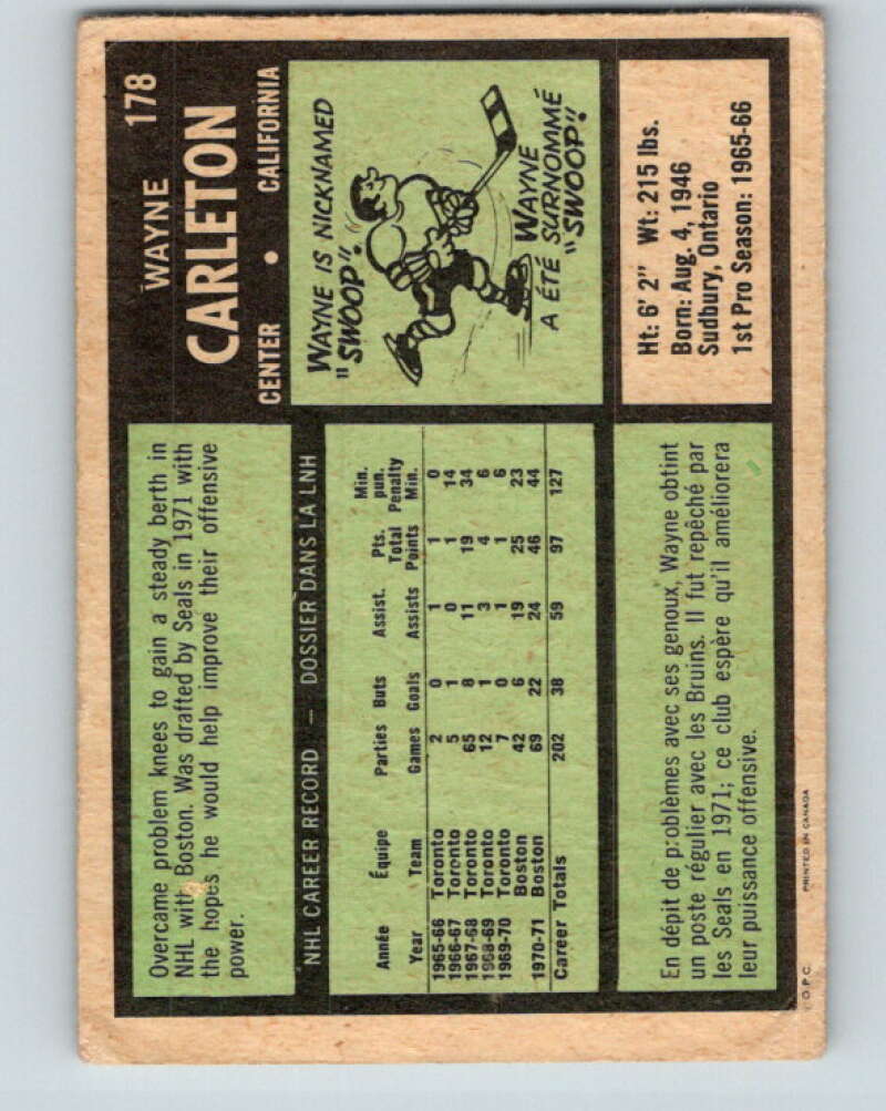 1971-72 O-Pee-Chee #178 Wayne Carleton California Golden Seals V9513