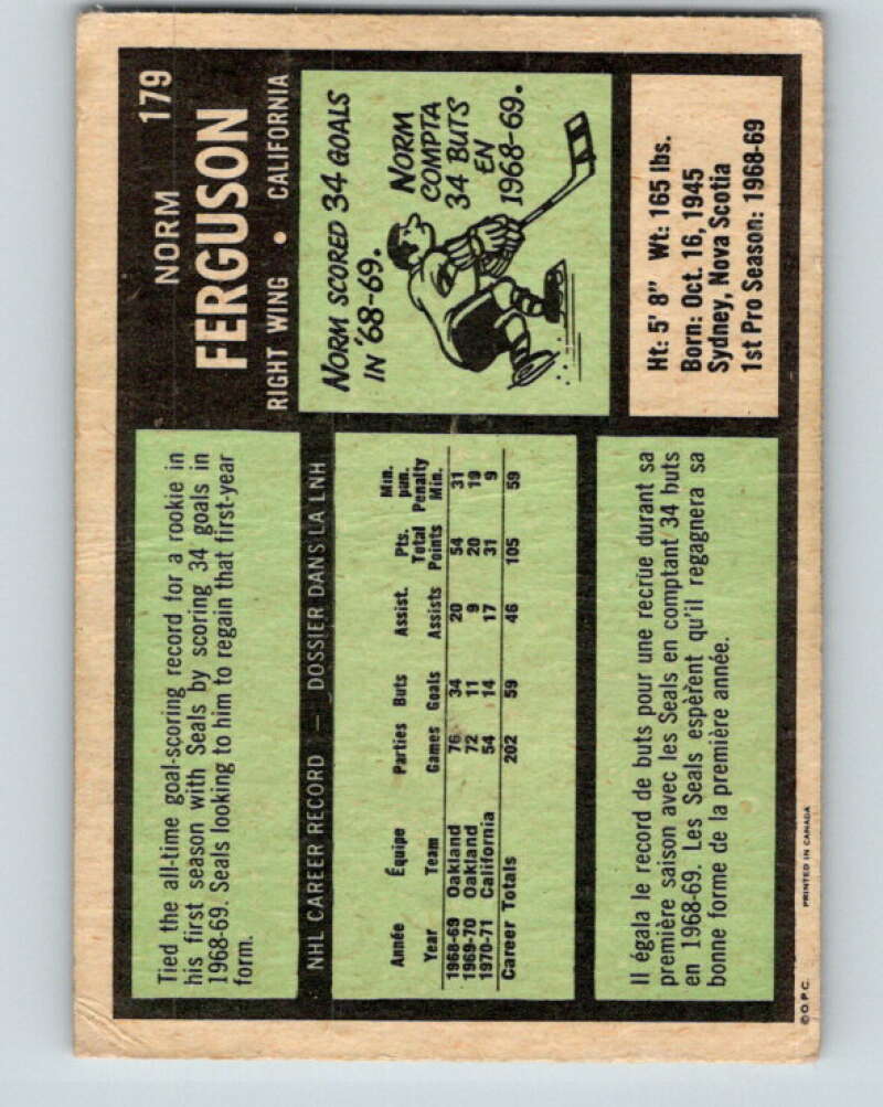 1971-72 O-Pee-Chee #179 Norm Ferguson California Golden Seals V9514