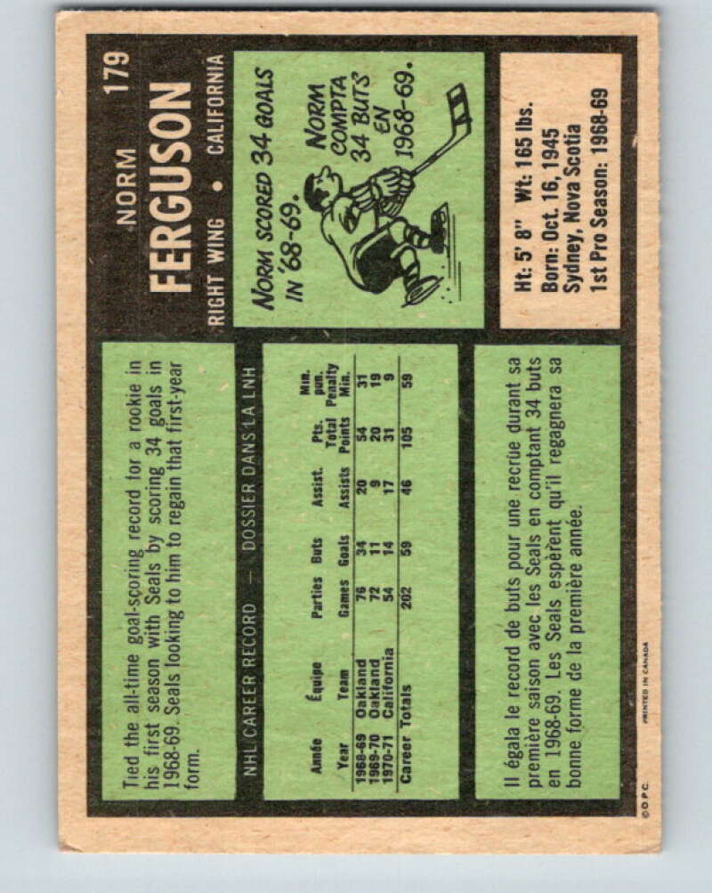 1971-72 O-Pee-Chee #179 Norm Ferguson California Golden Seals V9516