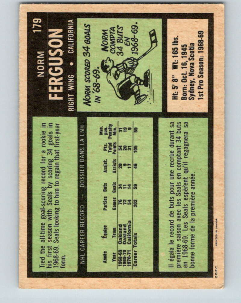 1971-72 O-Pee-Chee #179 Norm Ferguson California Golden Seals V9517