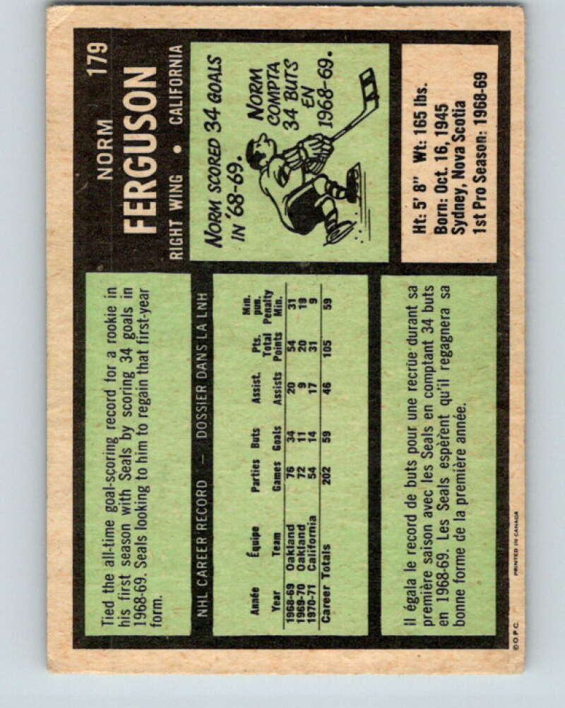 1971-72 O-Pee-Chee #179 Norm Ferguson California Golden Seals V9518