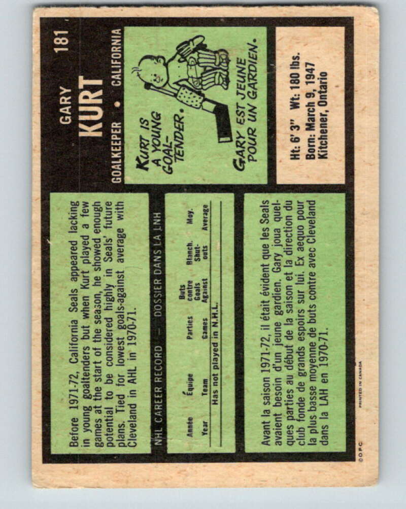 1971-72 O-Pee-Chee #181 Gary Kurt RC Rookie California Golden Seals V9523