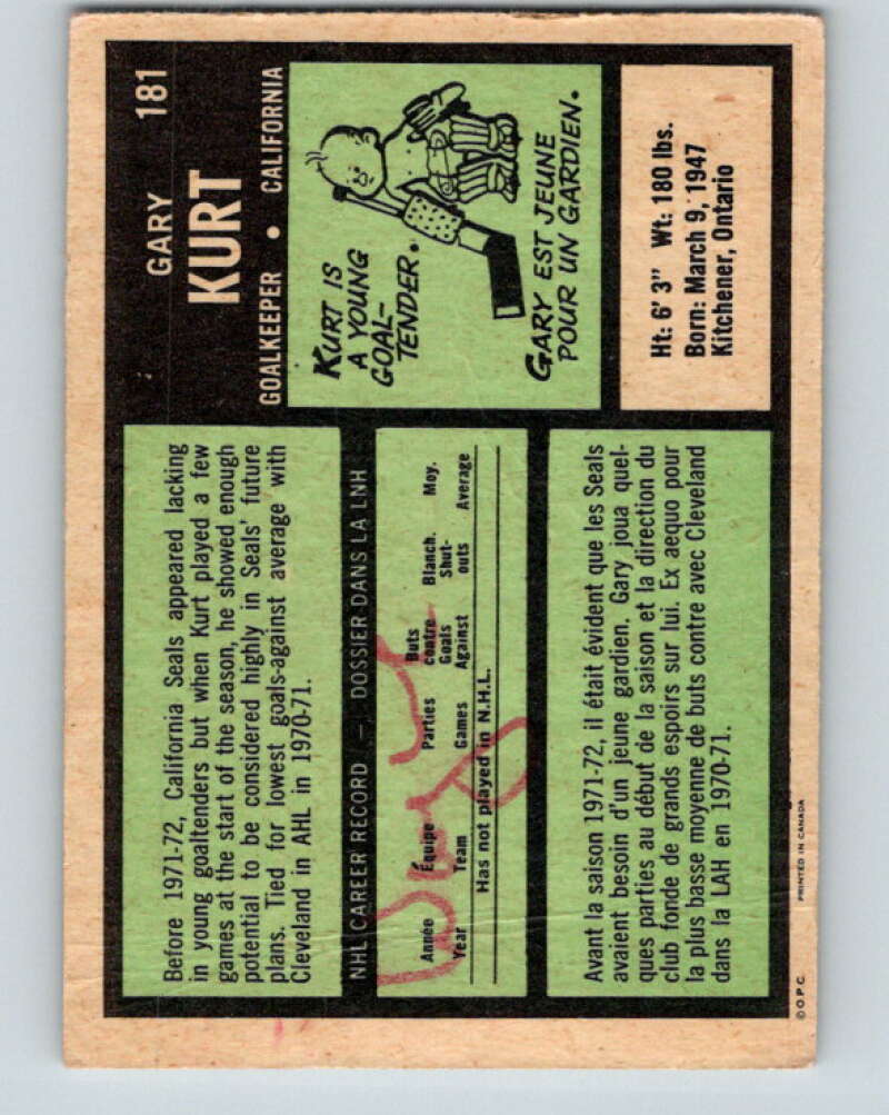 1971-72 O-Pee-Chee #181 Gary Kurt RC Rookie California Golden Seals V9525