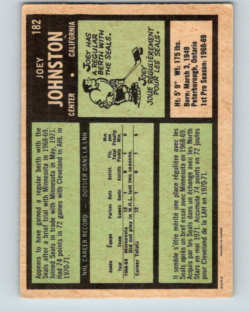 1971-72 O-Pee-Chee #182 Joey Johnston RC Rookie California Golden Seals V9526