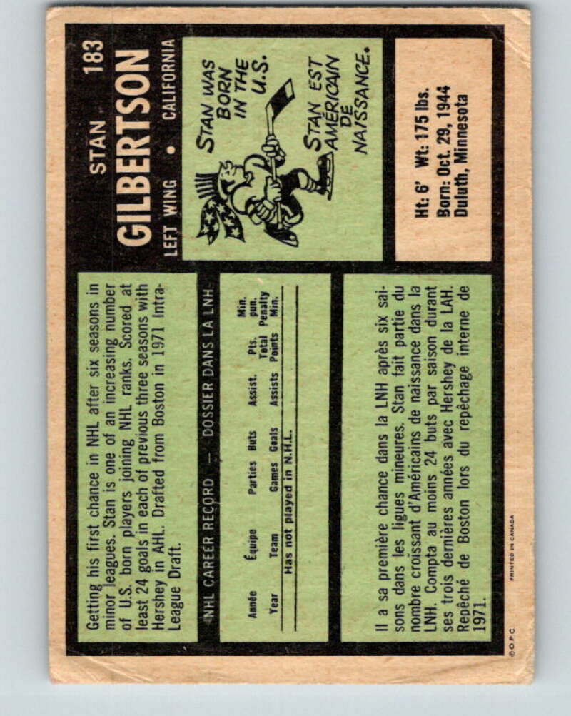 1971-72 O-Pee-Chee #183 Stan Gilbertson RC Rookie California Golden Seals V9528