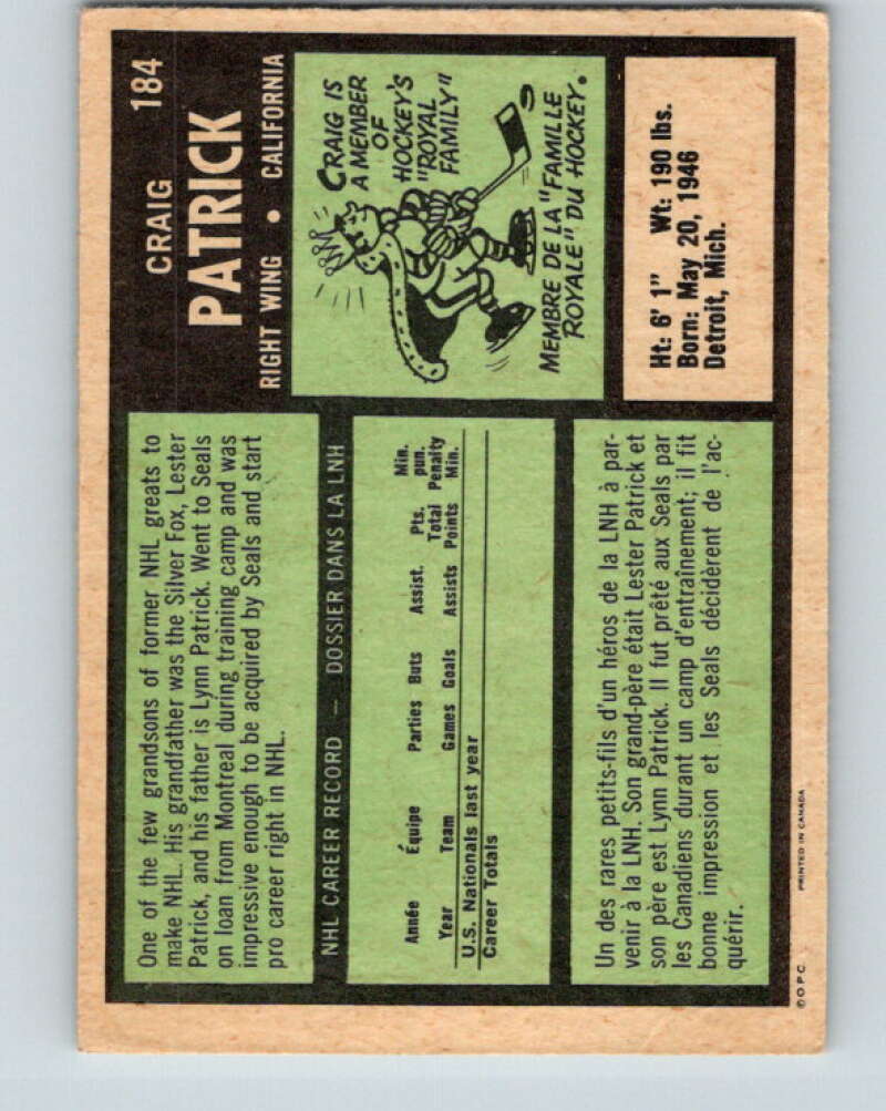 1971-72 O-Pee-Chee #184 Craig Patrick RC Rookie California Golden Seals V9532