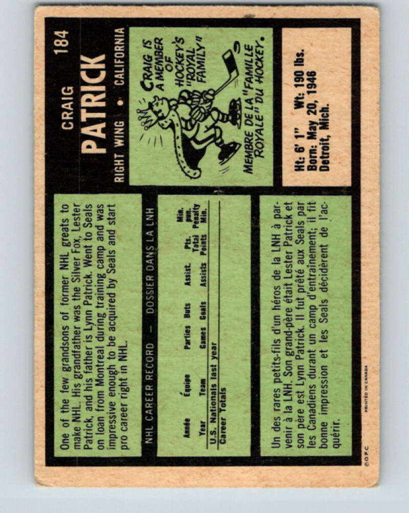 1971-72 O-Pee-Chee #184 Craig Patrick RC Rookie California Golden Seals V9533