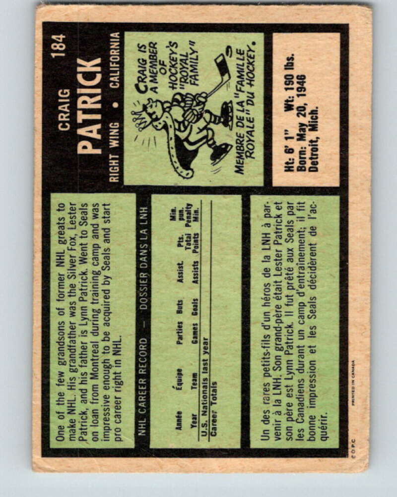 1971-72 O-Pee-Chee #184 Craig Patrick RC Rookie California Golden Seals V9535