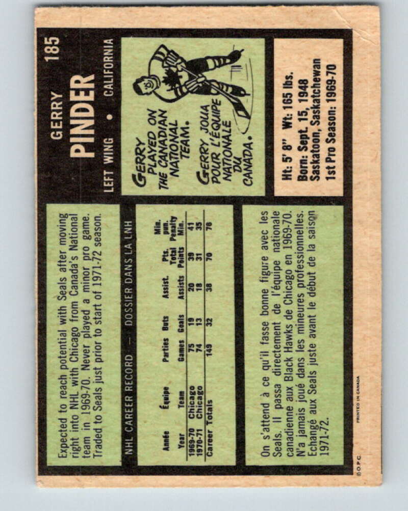 1971-72 O-Pee-Chee #185 Gerry Pinder California Golden Seals V9536