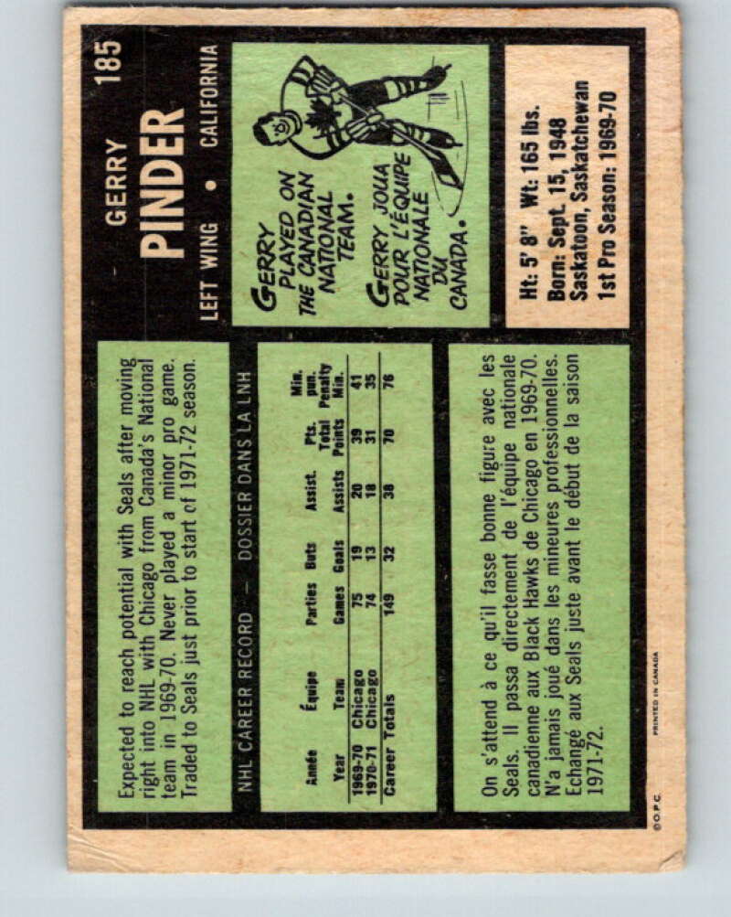 1971-72 O-Pee-Chee #185 Gerry Pinder California Golden Seals V9537