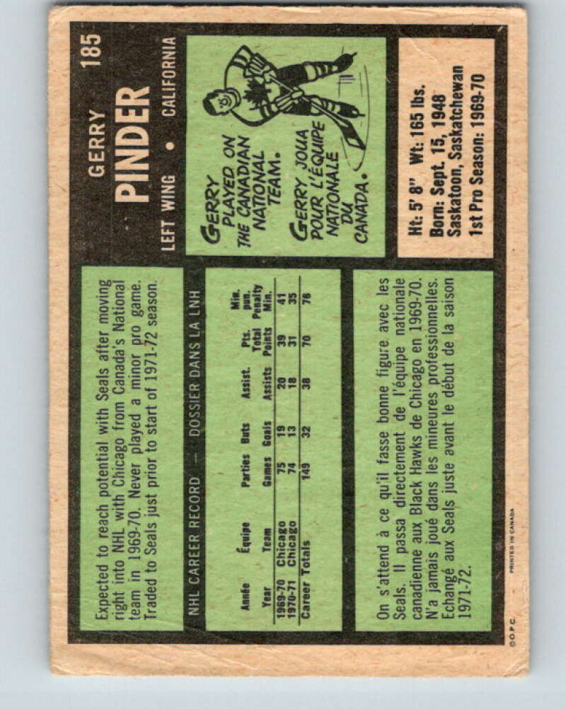 1971-72 O-Pee-Chee #185 Gerry Pinder California Golden Seals V9538