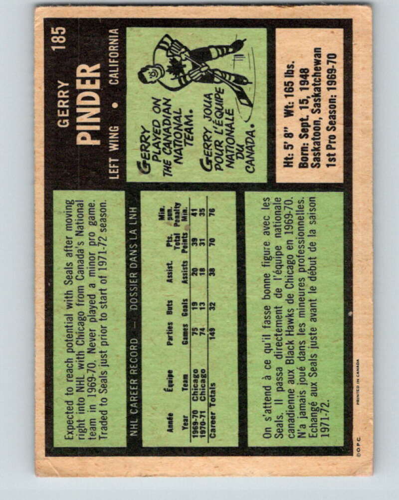 1971-72 O-Pee-Chee #185 Gerry Pinder California Golden Seals V9539
