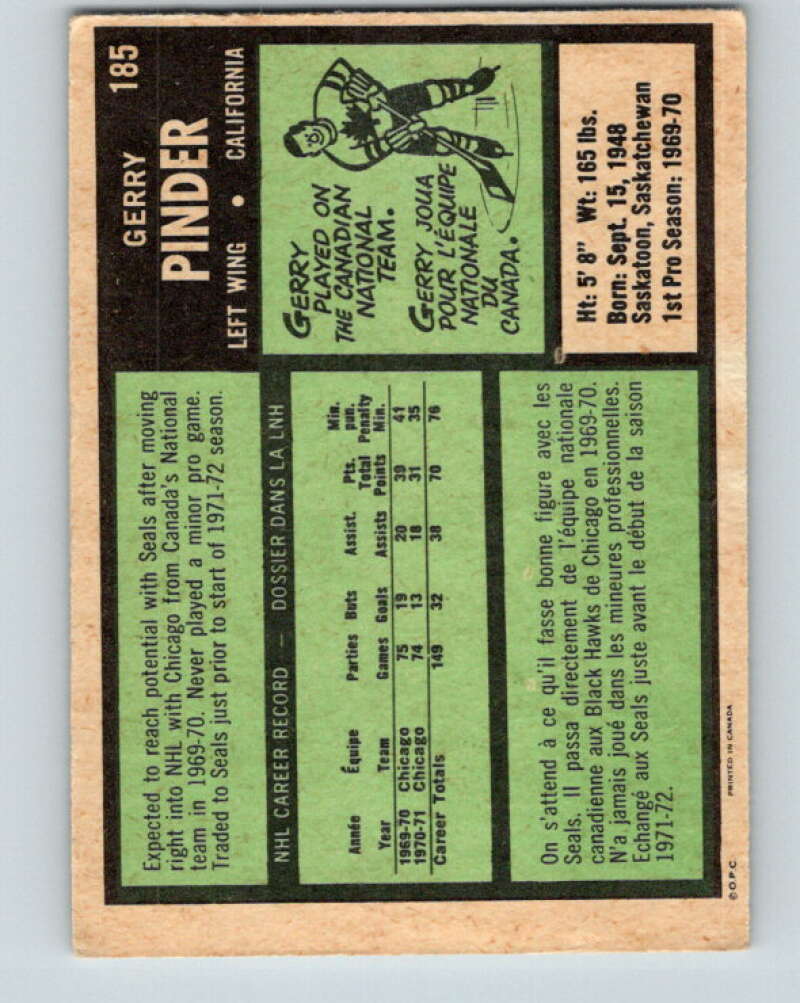 1971-72 O-Pee-Chee #185 Gerry Pinder California Golden Seals V9540