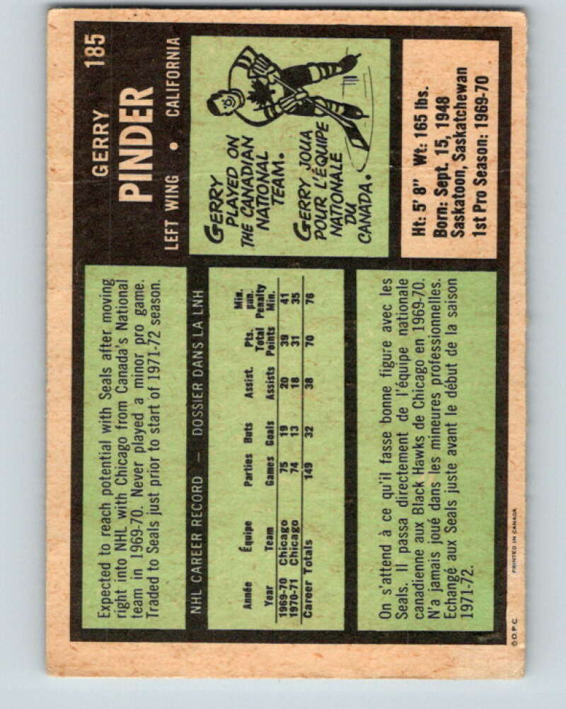1971-72 O-Pee-Chee #185 Gerry Pinder California Golden Seals V9541