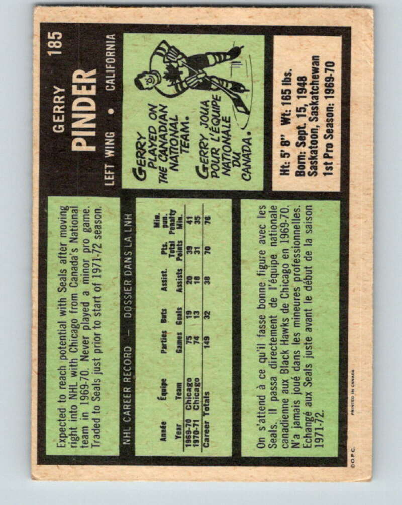 1971-72 O-Pee-Chee #185 Gerry Pinder California Golden Seals V9542