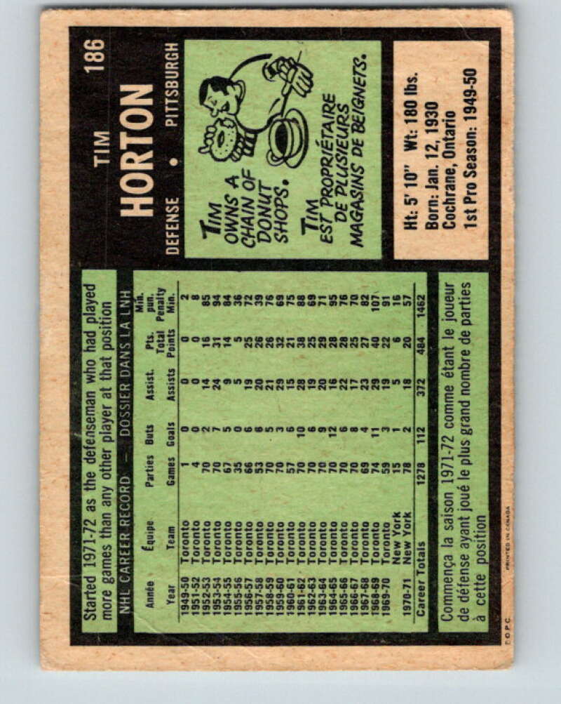 1971-72 O-Pee-Chee #186 Tim Horton Pittsburgh Penguins V9543