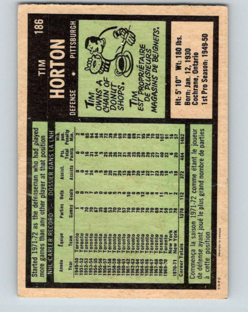 1971-72 O-Pee-Chee #186 Tim Horton Pittsburgh Penguins V9546