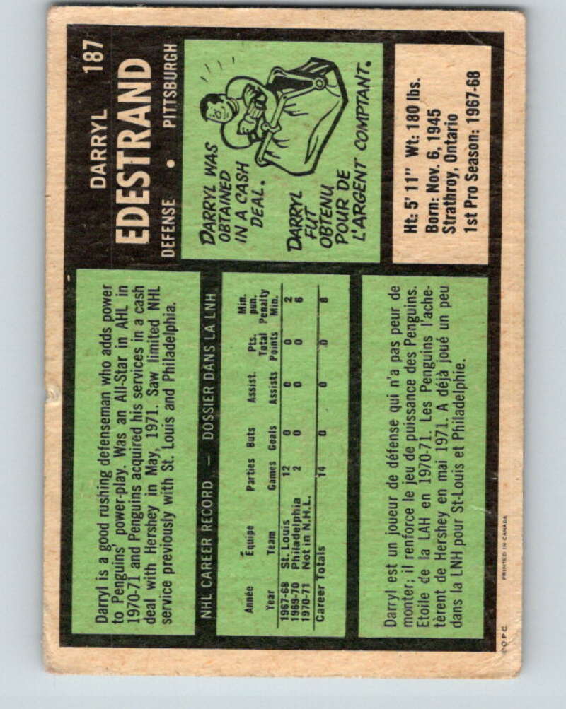 1971-72 O-Pee-Chee #187 Darryl Edestrand RC Rookie Pittsburgh Penguins V9547