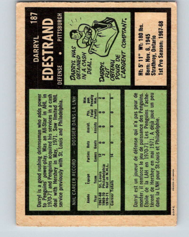 1971-72 O-Pee-Chee #187 Darryl Edestrand RC Rookie Pittsburgh Penguins V9548