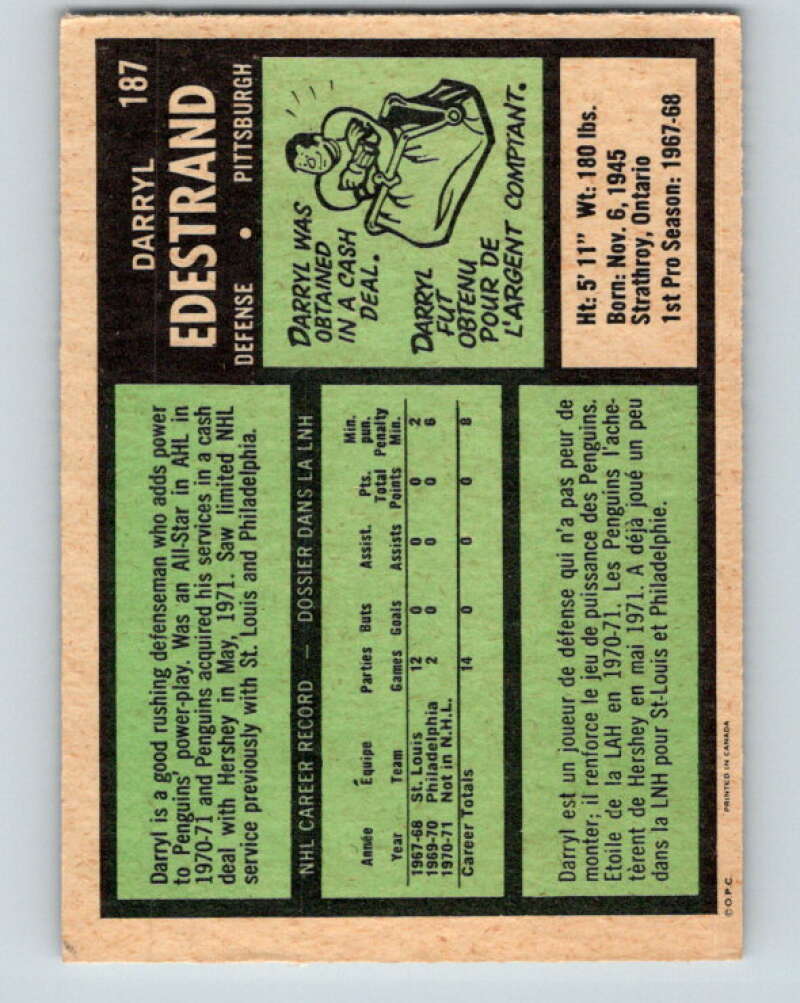 1971-72 O-Pee-Chee #187 Darryl Edestrand RC Rookie Pittsburgh Penguins V9549