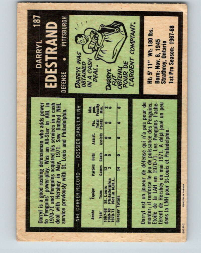 1971-72 O-Pee-Chee #187 Darryl Edestrand RC Rookie Pittsburgh Penguins V9550
