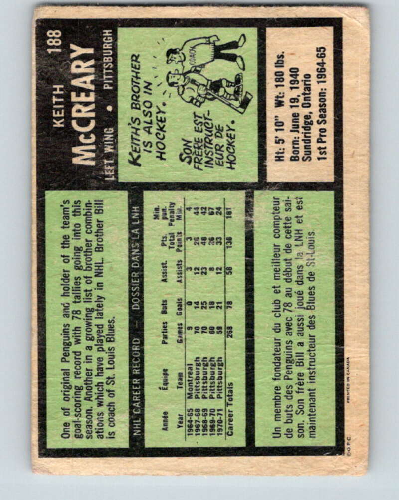 1971-72 O-Pee-Chee #188 Keith McCreary Pittsburgh Penguins V9552