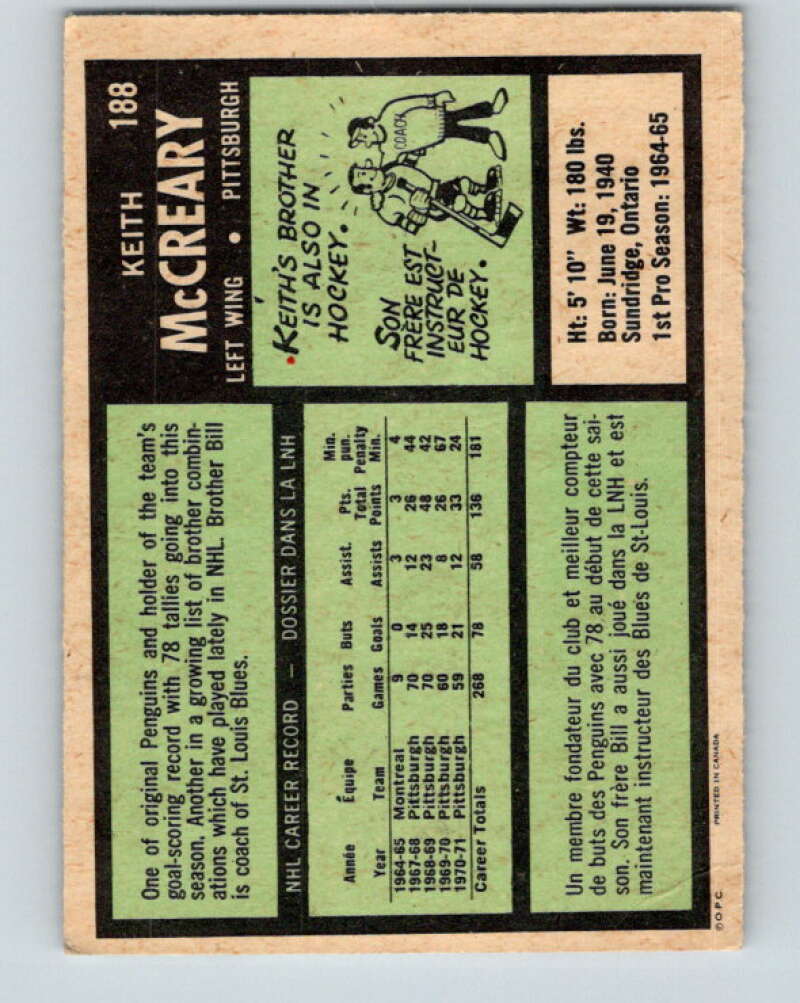 1971-72 O-Pee-Chee #188 Keith McCreary Pittsburgh Penguins V9554