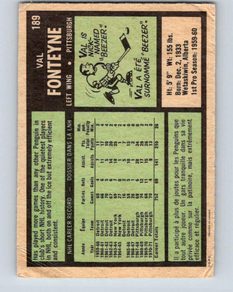 1971-72 O-Pee-Chee #189 Val Fonteyne Pittsburgh Penguins V9555