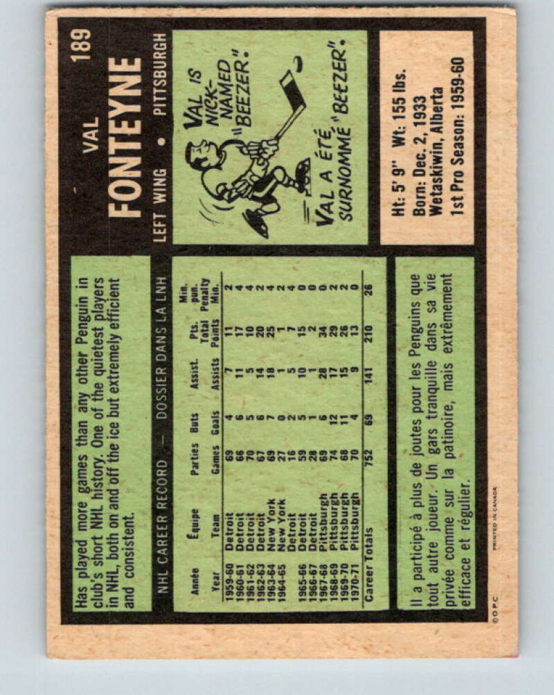 1971-72 O-Pee-Chee #189 Val Fonteyne Pittsburgh Penguins V9556