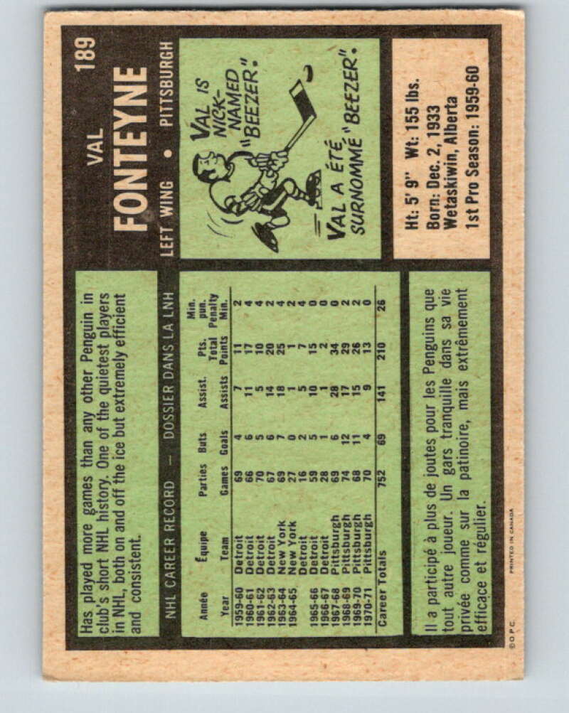 1971-72 O-Pee-Chee #189 Val Fonteyne Pittsburgh Penguins V9557