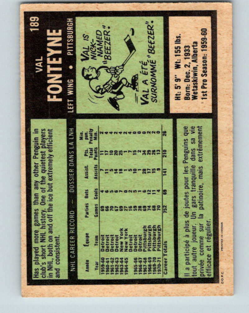 1971-72 O-Pee-Chee #189 Val Fonteyne Pittsburgh Penguins V9558